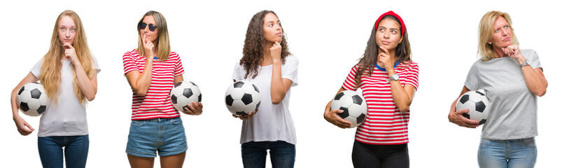 Collage of group of young and senior women holding soccer ball over isolated background serious face thinking about question, very confused idea