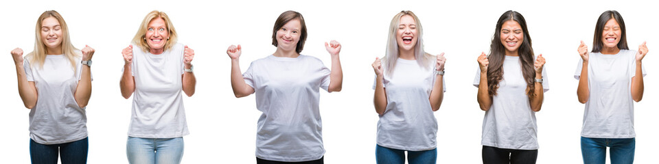 Collage of group of women wearing white t-shirt over isolated background excited for success with arms raised celebrating victory smiling. Winner concept.