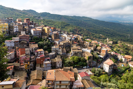View from the top of Castiglione di Sicilia, a village not far from Taormina in the valley of Alcantara river, Sicily. In 2017 Castiglione was voted one of the 5 most beautiful villages in Italy