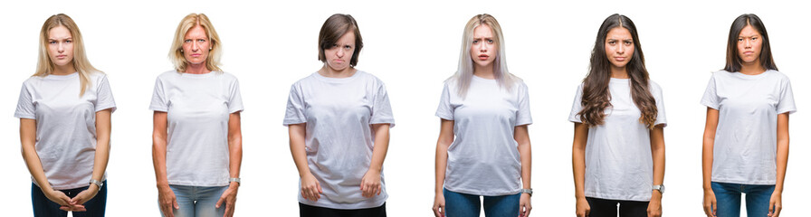 Collage of group of women wearing white t-shirt over isolated background skeptic and nervous, frowning upset because of problem. Negative person.