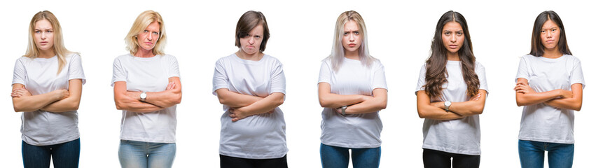 Collage of group of women wearing white t-shirt over isolated background skeptic and nervous, disapproving expression on face with crossed arms. Negative person.