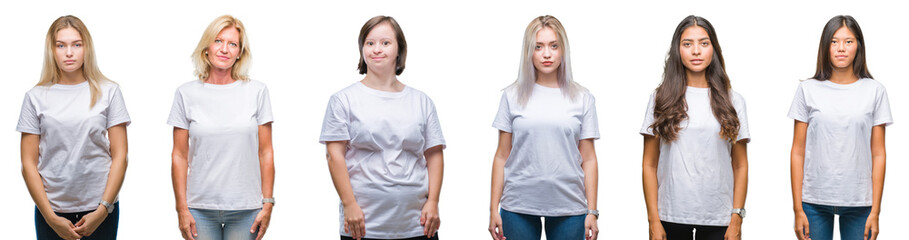 Collage of group of women wearing white t-shirt over isolated background with serious expression on face. Simple and natural looking at the camera.