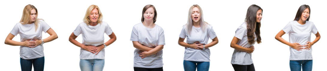 Collage of group of women wearing white t-shirt over isolated background with hand on stomach...