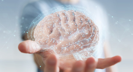 Businessman using digital 3D projection of a human brain 3D rendering