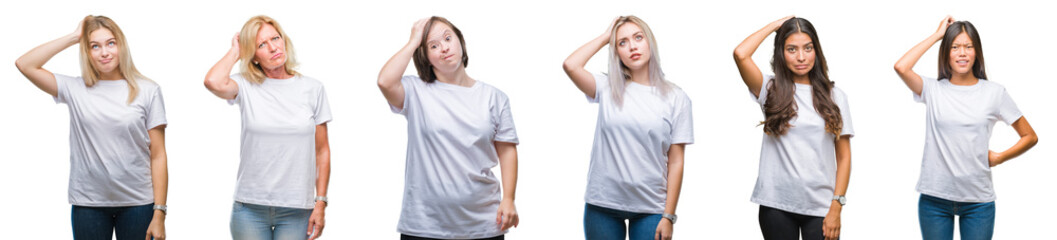 Collage of group of women wearing white t-shirt over isolated background confuse and wonder about question. Uncertain with doubt, thinking with hand on head. Pensive concept.