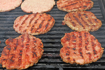Burger Grilling on Fire. Homemade Hamburgers. Grill Meatballs. Making Hamburgers on a Grill Outdoor. Barbecue Grill Party. Meat Over Coals on Barbecue