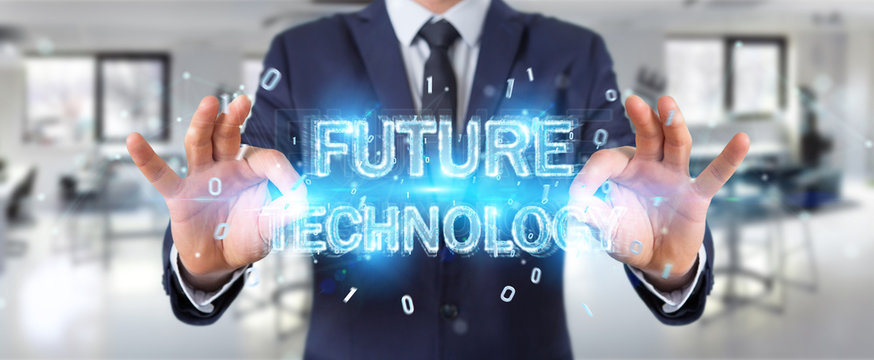 Businessman using future technology text interface 3D rendering