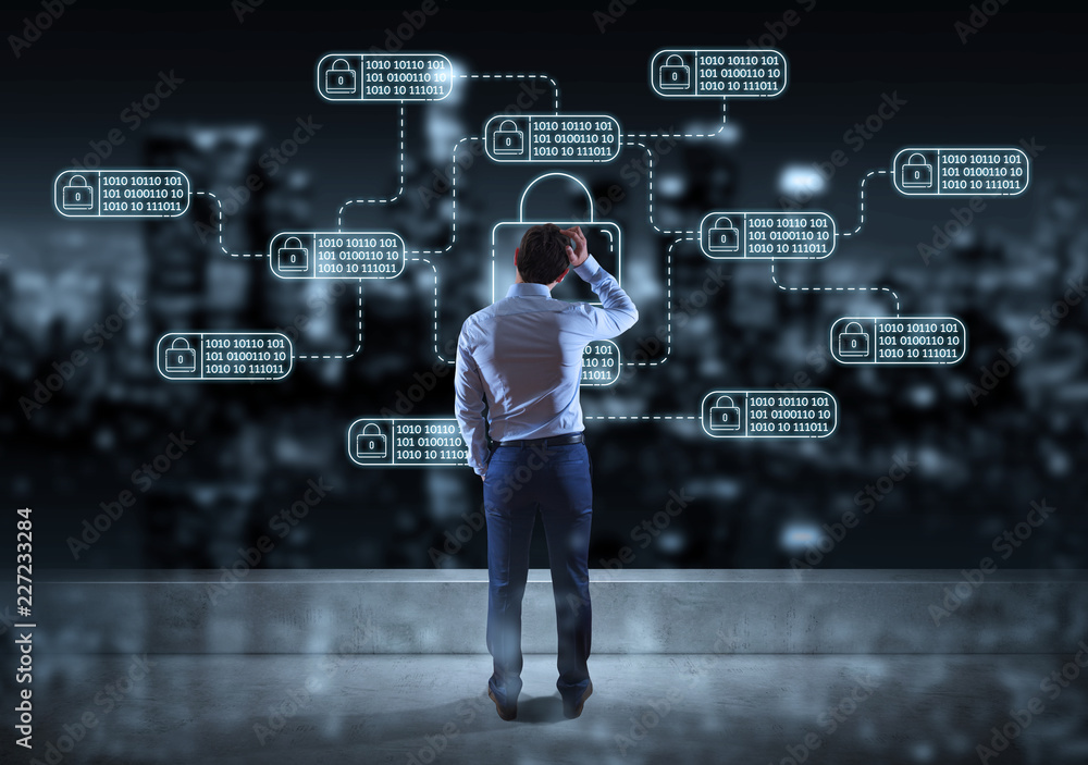 Poster businessman watching thin line web security interface
