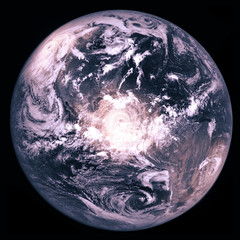 Earth planet with three huge hurricanes, collage image, view on the Americas from the Moon. Isolated on black background. Elements of this image furnished by NASA.