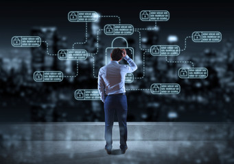 Businessman watching thin line web security interface