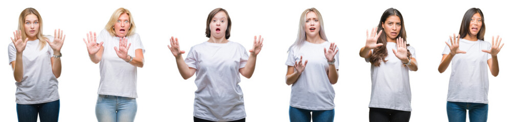 Collage of group of women wearing white t-shirt over isolated background afraid and terrified with fear expression stop gesture with hands, shouting in shock. Panic concept.