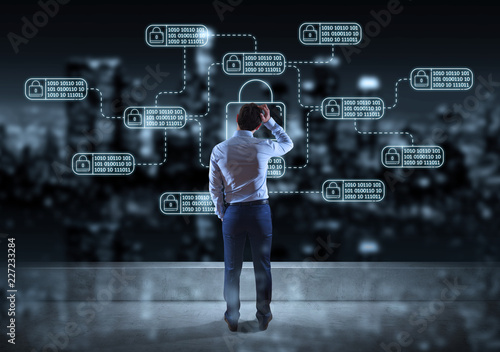 Businessman watching thin line web security interface