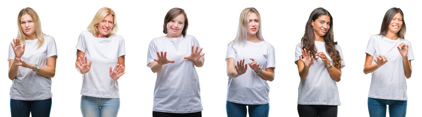 Collage of group of women wearing white t-shirt over isolated background disgusted expression, displeased and fearful doing disgust face because aversion reaction. With hands raised. Annoying concept.
