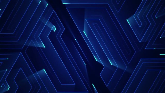 Abstract technologic background with stripes and particles. Animation of circuit electric signal with light shine. Animation of seamless loop.