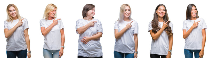 Collage of group of women wearing white t-shirt over isolated background cheerful with a smile of face pointing with hand and finger up to the side with happy and natural expression 