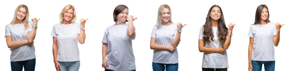 Collage of group of women wearing white t-shirt over isolated background smiling with happy face looking and pointing to the side with thumb up.