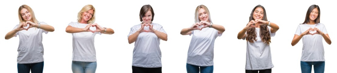 Collage of group of women wearing white t-shirt over isolated background smiling in love showing...