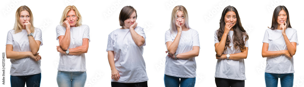 Poster Collage of group of women wearing white t-shirt over isolated background looking stressed and nervous with hands on mouth biting nails. Anxiety problem.