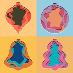 Set of 3d festive Illustrations of Christmas decorations cut from paper.  Vector element for your creativity