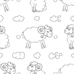 Fluffy sheep flying in the clouds. Baby Wallpaper. Vector illustration.