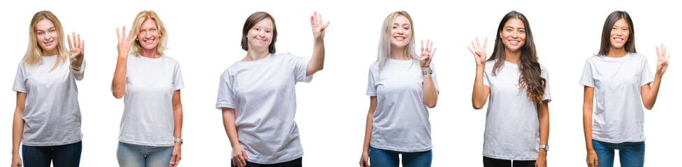 Collage of group of women wearing white t-shirt over isolated background showing and pointing up with fingers number four while smiling confident and happy.