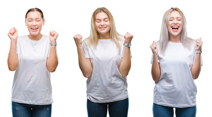 Collage of group of young women wearing white t-shirt over isolated background excited for success with arms raised celebrating victory smiling. Winner concept.