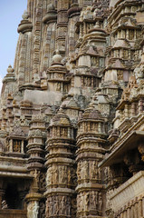 KANDARIYA MAHADEV TEMPLE, Sculptures, spires and Shikara partial view Western Group, Khajuraho,...