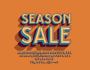 Vector vintage sign Season Sale. Retro style Alphabet letters, Numbers and Symbols. Bright 3D Font.