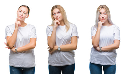 Fototapeta premium Collage of group of young women wearing white t-shirt over isolated background with hand on chin thinking about question, pensive expression. Smiling with thoughtful face. Doubt concept.