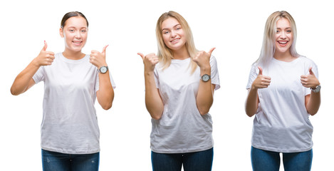 Collage of group of young women wearing white t-shirt over isolated background success sign doing...