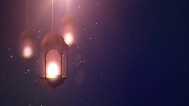 Ramadan candle lantern falling down hanging on string blue background