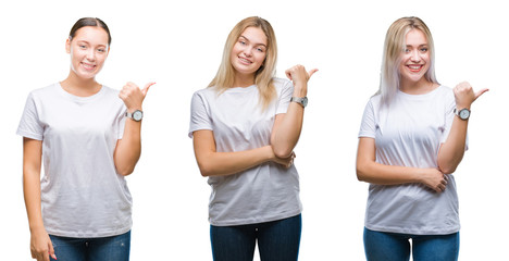 Collage of group of young women wearing white t-shirt over isolated background smiling with happy face looking and pointing to the side with thumb up.