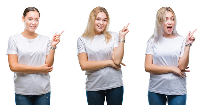 Collage of group of young women wearing white t-shirt over isolated background with a big smile on face, pointing with hand and finger to the side looking at the camera.