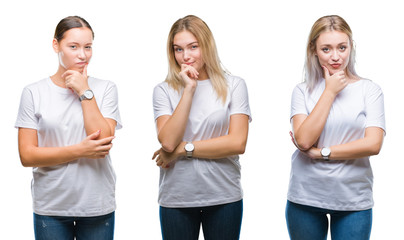 Obraz premium Collage of group of young women wearing white t-shirt over isolated background looking confident at the camera with smile with crossed arms and hand raised on chin. Thinking positive.