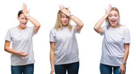 Obraz premium Collage of group of young women wearing white t-shirt over isolated background surprised with hand on head for mistake, remember error. Forgot, bad memory concept.