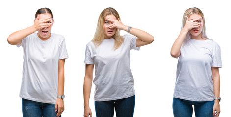 Collage of group of young women wearing white t-shirt over isolated background peeking in shock covering face and eyes with hand, looking through fingers with embarrassed expression.