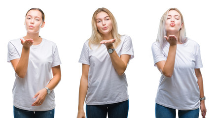 Collage of group of young women wearing white t-shirt over isolated background looking at the camera blowing a kiss with hand on air being lovely and sexy. Love expression.