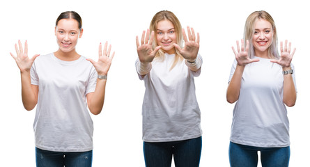 Collage of group of young women wearing white t-shirt over isolated background showing and pointing up with fingers number ten while smiling confident and happy.