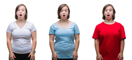Collage of down sydrome woman over isolated background afraid and shocked with surprise expression,...