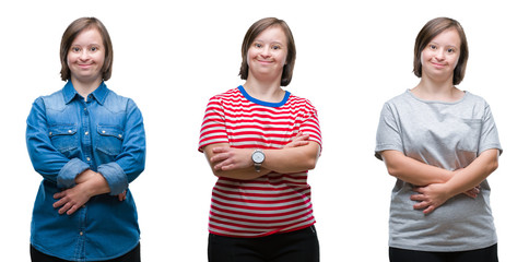 Collage of down sydrome woman over isolated background happy face smiling with crossed arms looking...