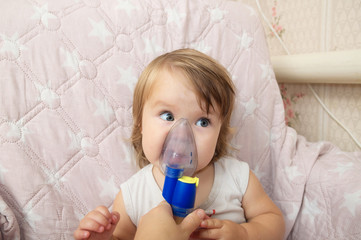sick baby girl use nebulizer mask for inhalation, respiratory procedure by pneumonia or cough for child, inhaler, compressor nebulizer, nebules machine for health care