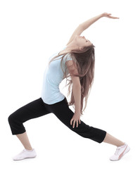 young athletic woman performs fitness. isolated on white