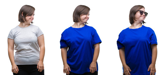 Obraz premium Collage of down sydrome woman over isolated background looking away to side with smile on face, natural expression. Laughing confident.