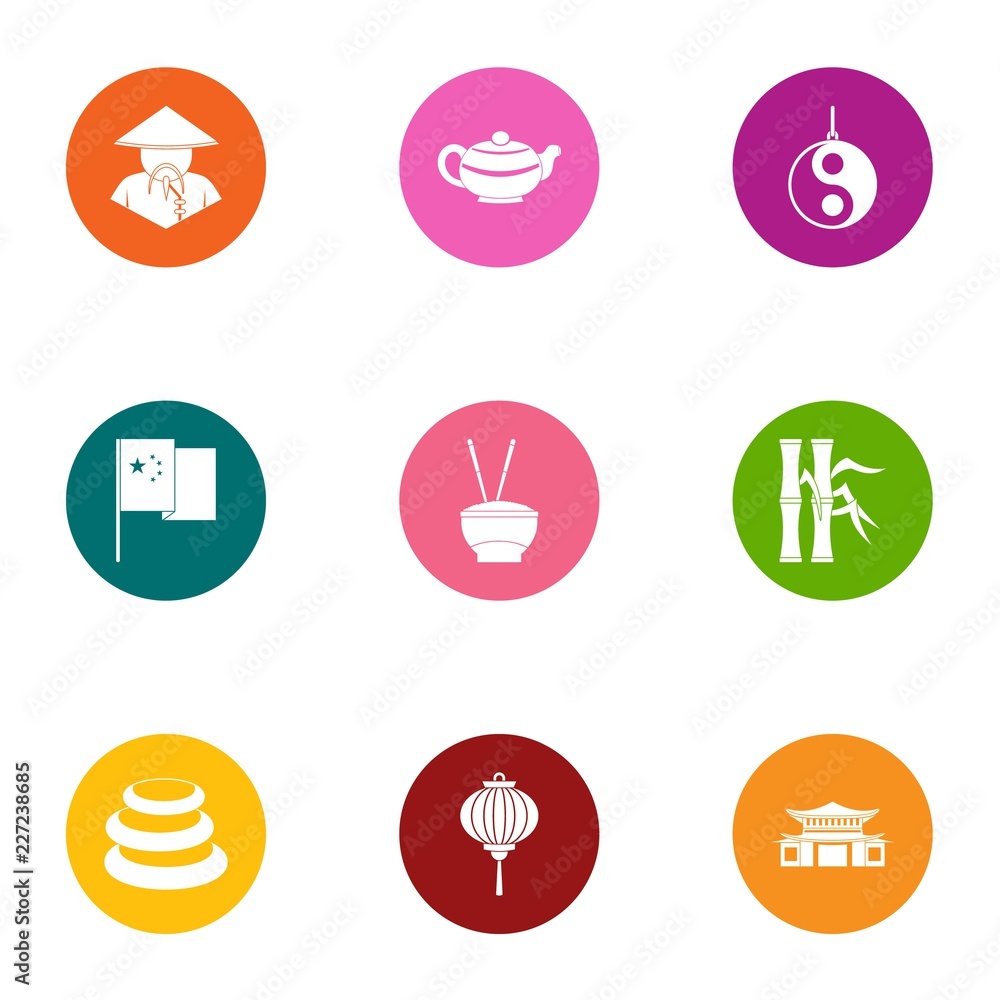 Poster asia approach icons set. flat set of 9 asia approach vector icons for web isolated on white backgrou