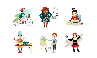 People enjoying various hobbies set, man and woman riding bike, playing saxophone, reading book, cooking, painting vector Illustration