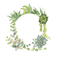 Watercolor round frame of cacti and succulents.