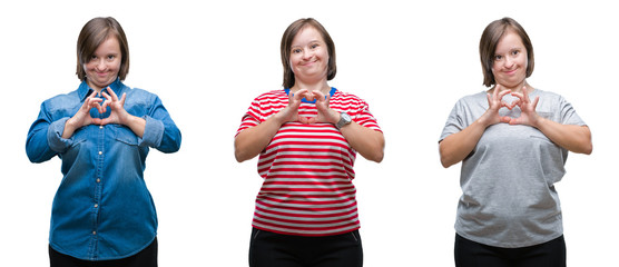 Collage of down sydrome woman over isolated background smiling in love showing heart symbol and shape with hands. Romantic concept.