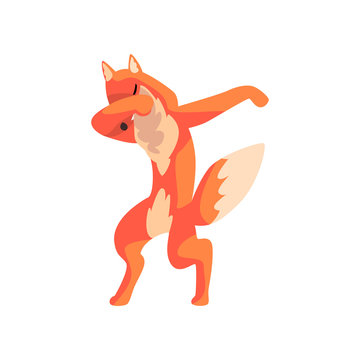 Red fox standing in dub dancing pose, cute cartoon animal doing dubbing vector Illustration on a white background