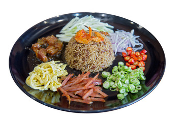 Close up view of Thai food Rice Seasoned with Shrimp Paste Recipe In Black Plate on white background