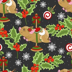 Seamless pattern with Christmas pig on winter background.  For printing on fabric, postcards, paper. Vector illustration.